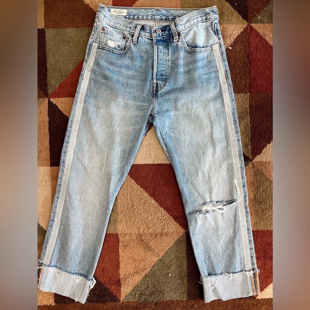 Distressed Levi's 501 Denim with Rhinestones Jean